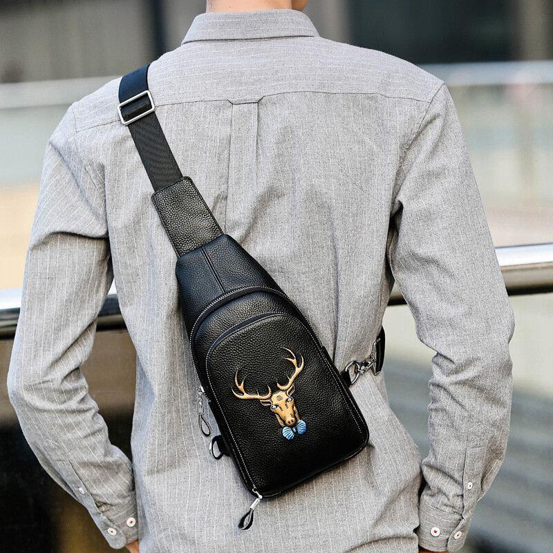 lovevop Men Genuine Leather Animal Patterns Fashion Cool Business Shoulder Bag Chest Bag