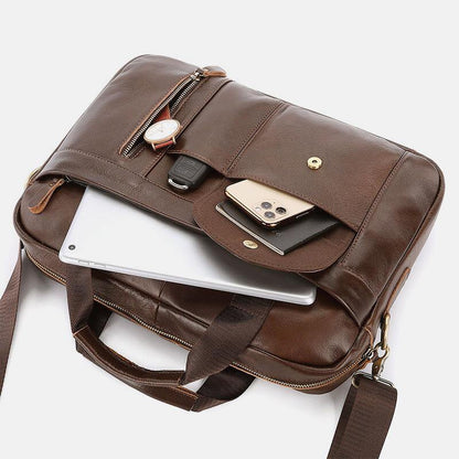 lovevop Men Genuine Leather Multi-pocket Vintage 14 Inch Laptop Bag Briefcases Crossbody Bag Shoulder Bag Handbag