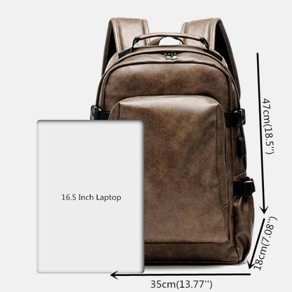 lovevop Men PU Leather USB Charging Business Casual Waterproof 14 Inch Laptop Bag Student School Bag Adjustable Backpack