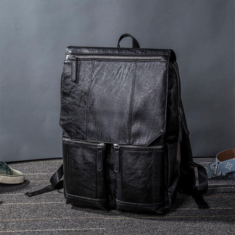 lovevop Men PU Leather Retro Business Casual Style Large Capacity 14 Inch Laptop Bag Student School Bag Travel Backpack