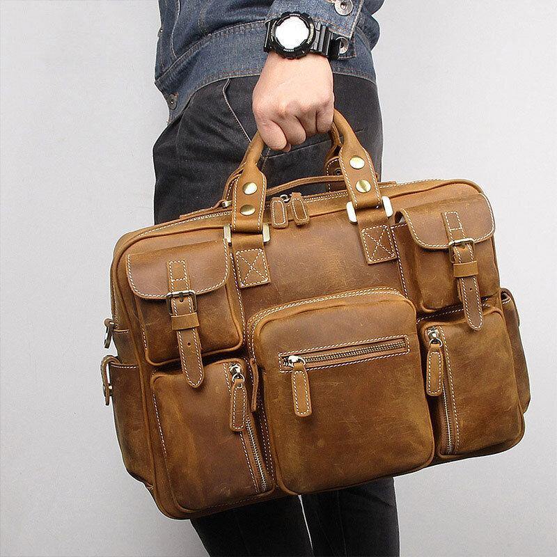 lovevop Men Genuine Leather Detachable Strap Large Multi-Pocket 15.6 Inch Laptop Bag Briefcase Messenger Bag Crossbody Bags