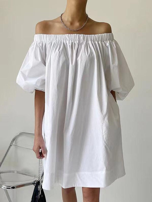 lovevop White One-shoulder Puff Sleeve Cotton Dress