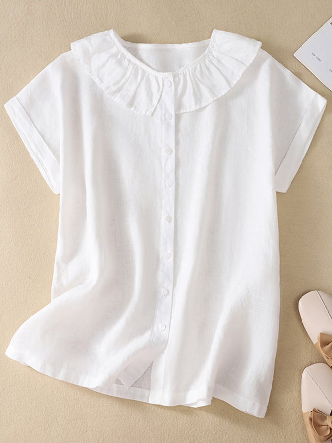 Lovevop Solid Color Ruffle Round Neck Button Casual Top