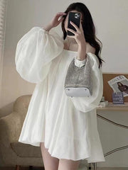 lovevop Soft Silk White One-shoulder Long Puff Sleeve Dress