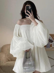 lovevop Soft Silk White One-shoulder Long Puff Sleeve Dress