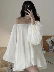 lovevop Soft Silk White One-shoulder Long Puff Sleeve Dress