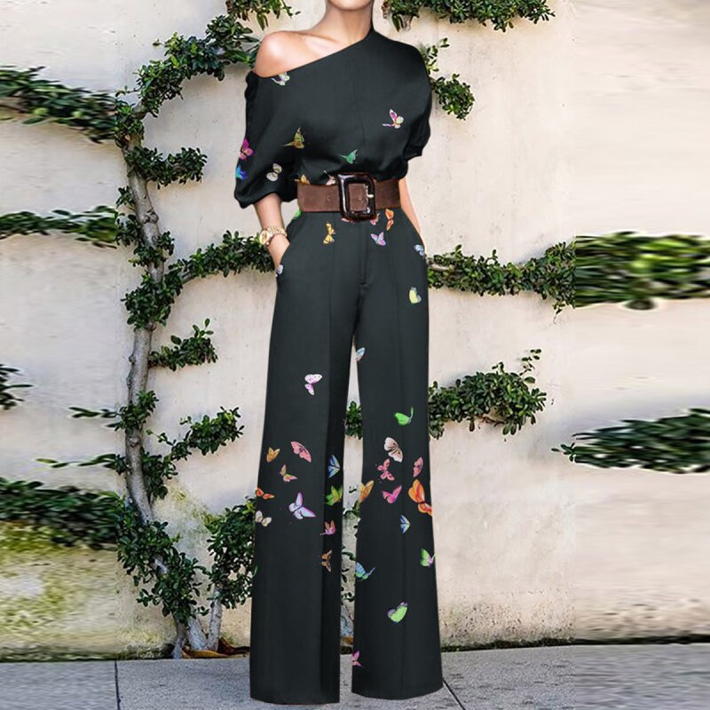 Love-vop Women Commute Fashion Jumpsuits Summer Printed Casual One Shoulder Short Sleeve Wide-leg Pants Playsuits Elegant Holiday Rompers