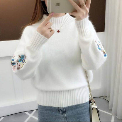 Knitted Floral Embroidery Thick Sweater