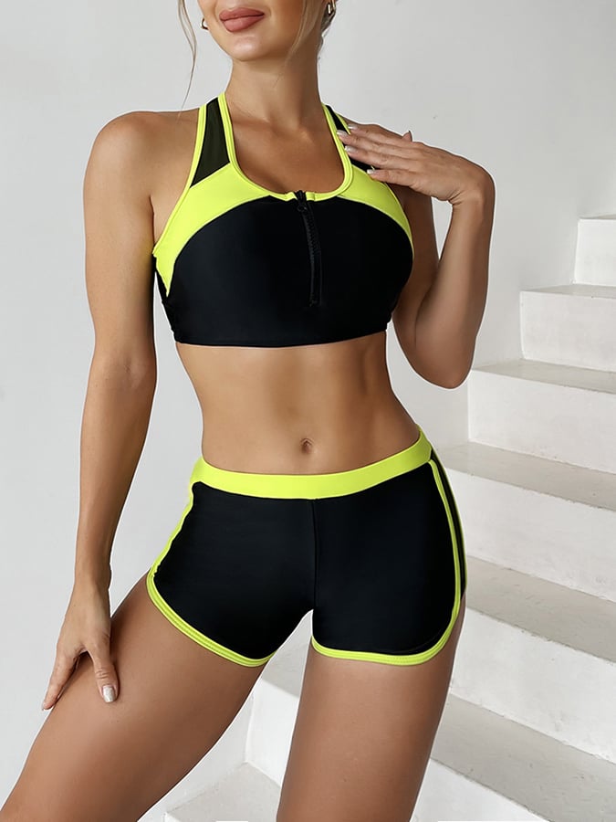 Color Blocking Women'S Split Flat Angle Swimsuit With Front Chest Zipper Sports Racing Bikini