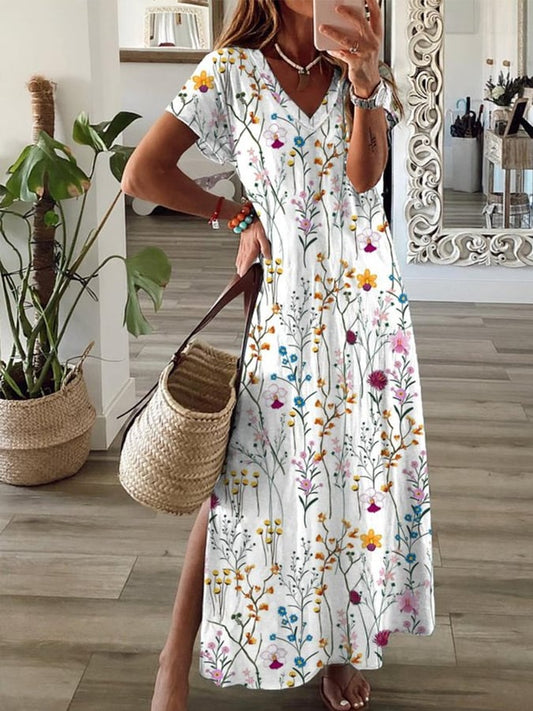 Women's Floral Print V Neck Slit Short Sleeve Dress