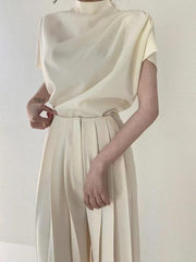 lovevop Stand Collar Pleated Sleeveless Top + High Waist Pleated Wide Leg Pants set