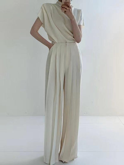 lovevop Stand Collar Pleated Sleeveless Top + High Waist Pleated Wide Leg Pants set