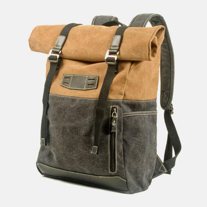 lovevop Men Genuine Leather Cowhide and Canvas Patchwork Outdoor Waterproof Anti-theft Hiking 14 Inch Laptop Backpack