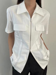 lovevop Lapel Collar Double Zipper False Pocket Short Sleeve Shirt