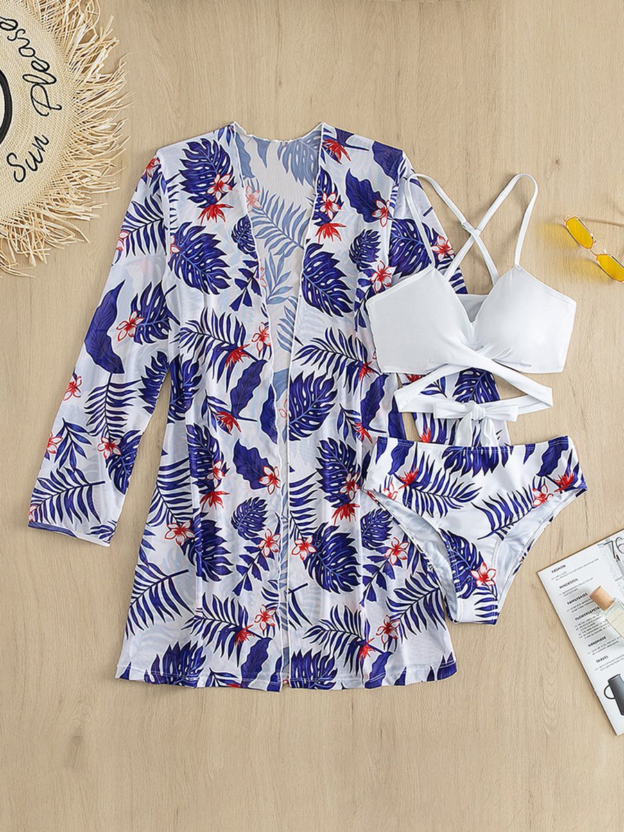 Three Piece Chiffon Floral Smock Bikini Swimsuit