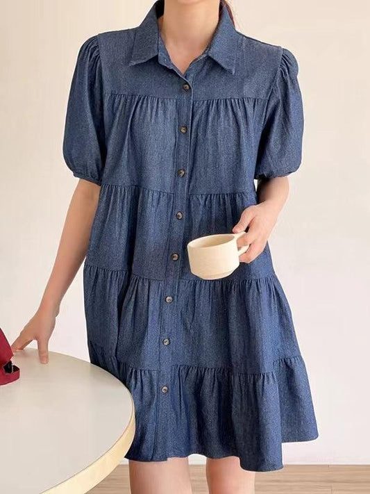 lovevop Lapel Collar Puff Sleeve Denim Dress