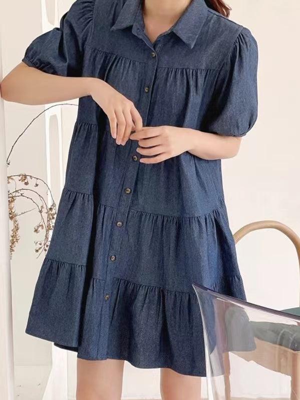 lovevop Lapel Collar Puff Sleeve Denim Dress