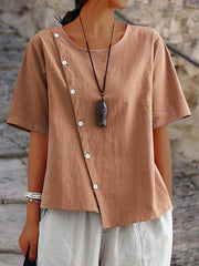 Lovevop Cotton Linen Short-Sleeved Button Irregular Shirt