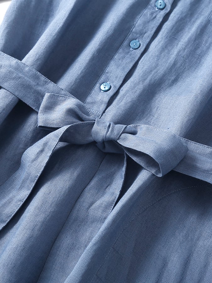 Lovevop Cotton And Linen Solid Color Shirt Collar Belt Dress