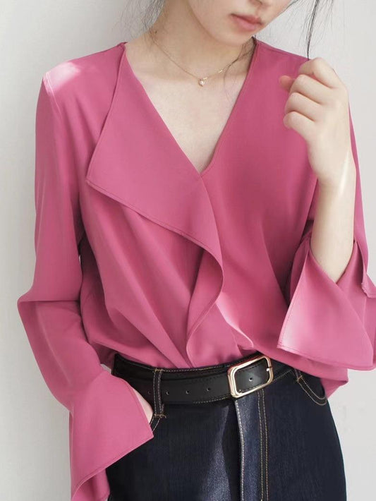 lovevop Rose V Neck Asymmetric Long Sleeve Shirt