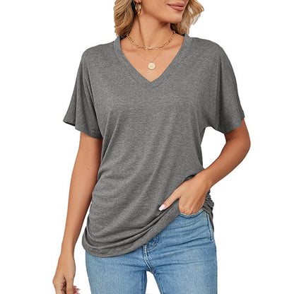 New casual pullover v-neck solid color loose ladies tops