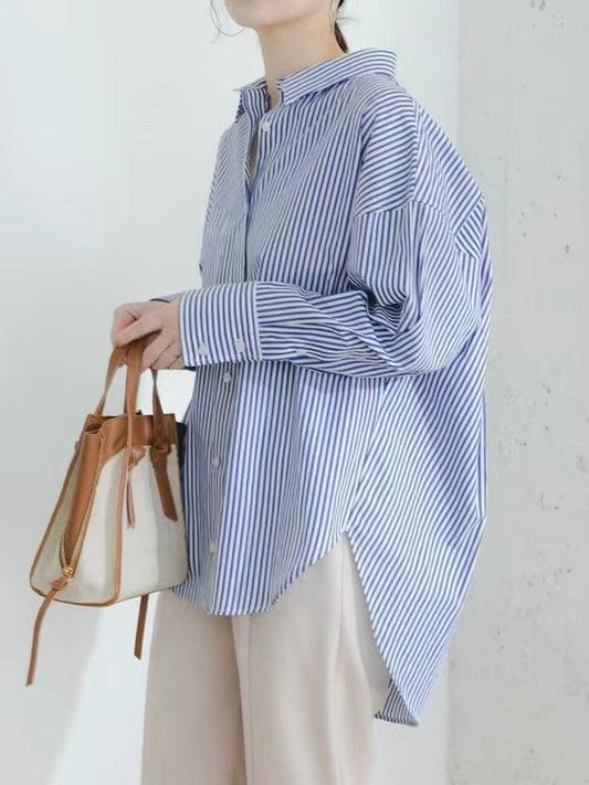 lovevop Lapel Collar Niche Striped Loose Long-Sleeved Shirt