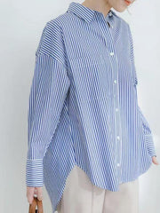 lovevop Lapel Collar Niche Striped Loose Long-Sleeved Shirt