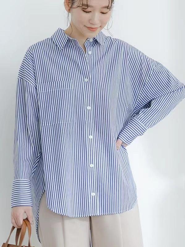 lovevop Lapel Collar Niche Striped Loose Long-Sleeved Shirt