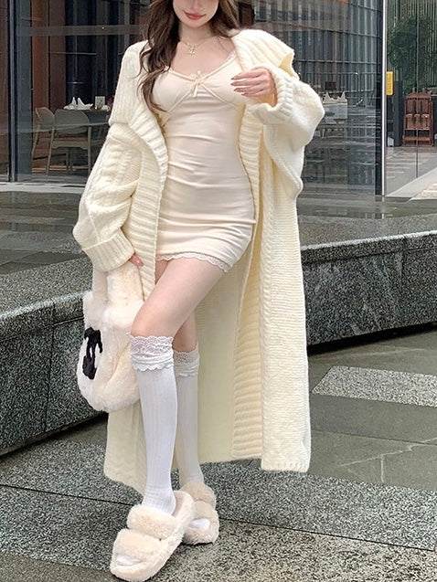 lovevop Large Collar Knitted Long Coat Cardigan