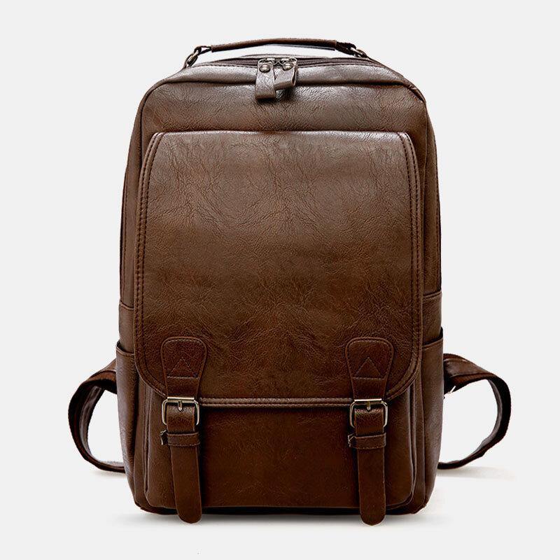 lovevop Men PU Leather Vintage Business Waterproof Wear-Resistant Large Capacity 15.6 Inch Laptop Bag Backpack