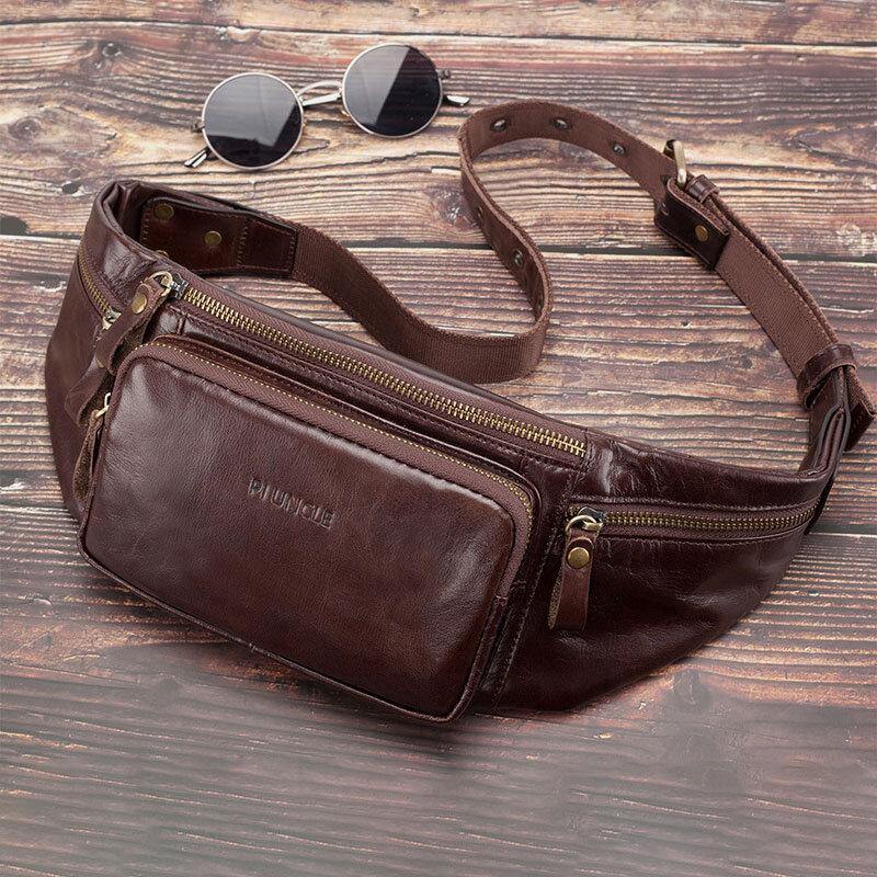 lovevop Men Genuine Leather Retro Sport Outdoor Multi-carry Chest Bag Sling Bag Crossbody Bag Waist Bag