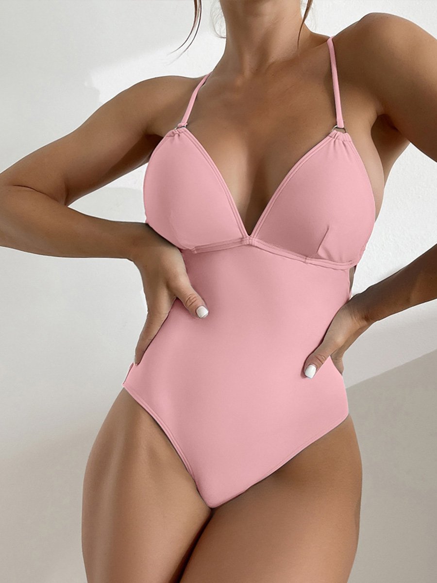 Pure Color V -neck Reveal Triangle Sexy Bikini