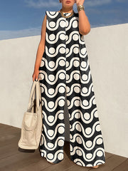 Love-vop - Loose Sleeveless Contrast Color Printed Round-Neck Jumpsuits