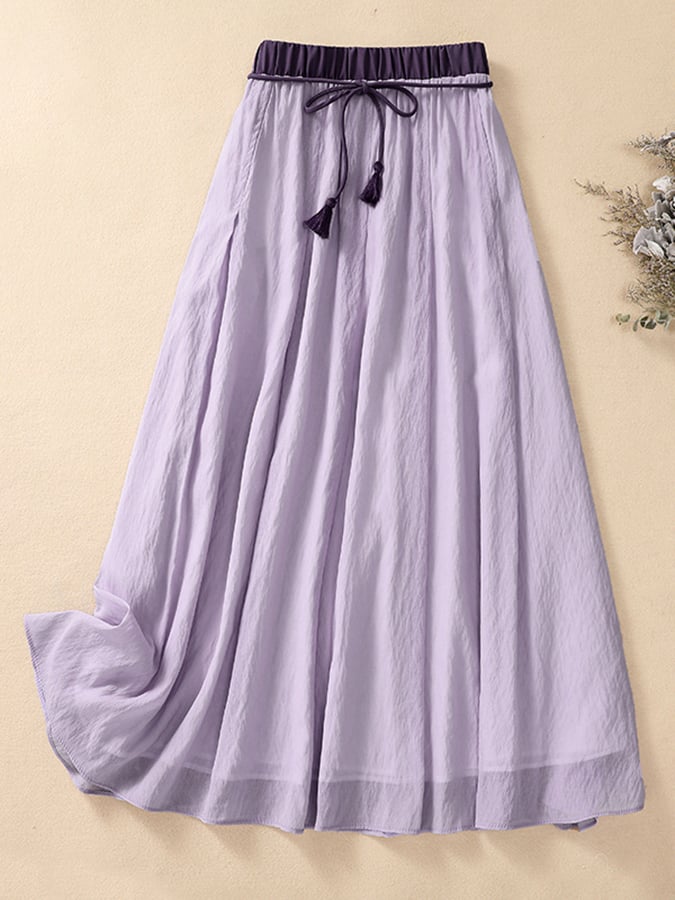 Lovevop Contrasting Color Double-Layer Anti-See-Through Elastic Waist Drape High-Waist Skirt