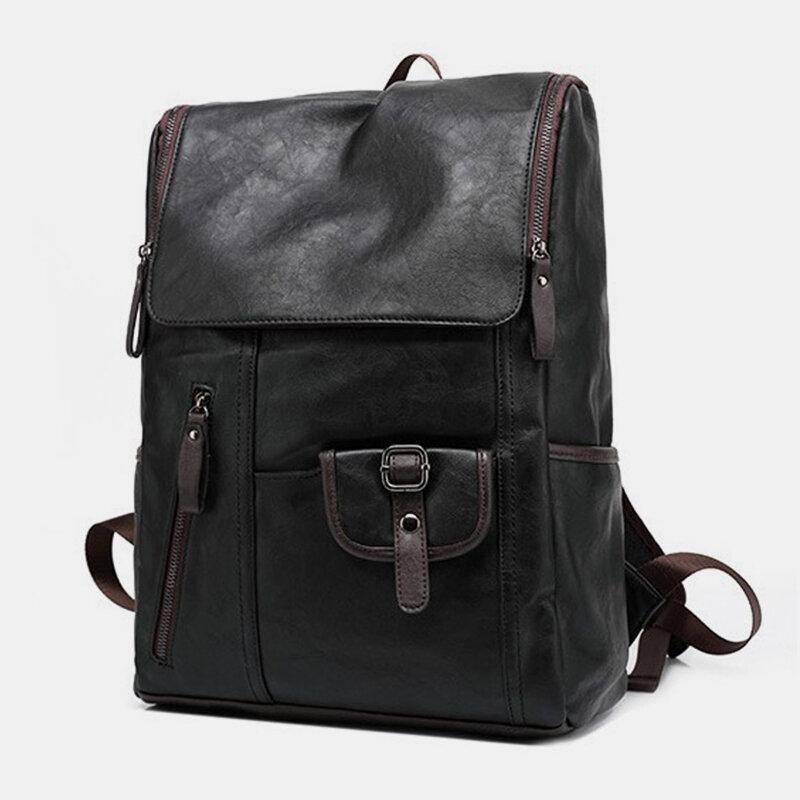 lovevop Men Faux Leather Solid Casual Business 14 Inch Laptop Bag Travel Bag Backpack