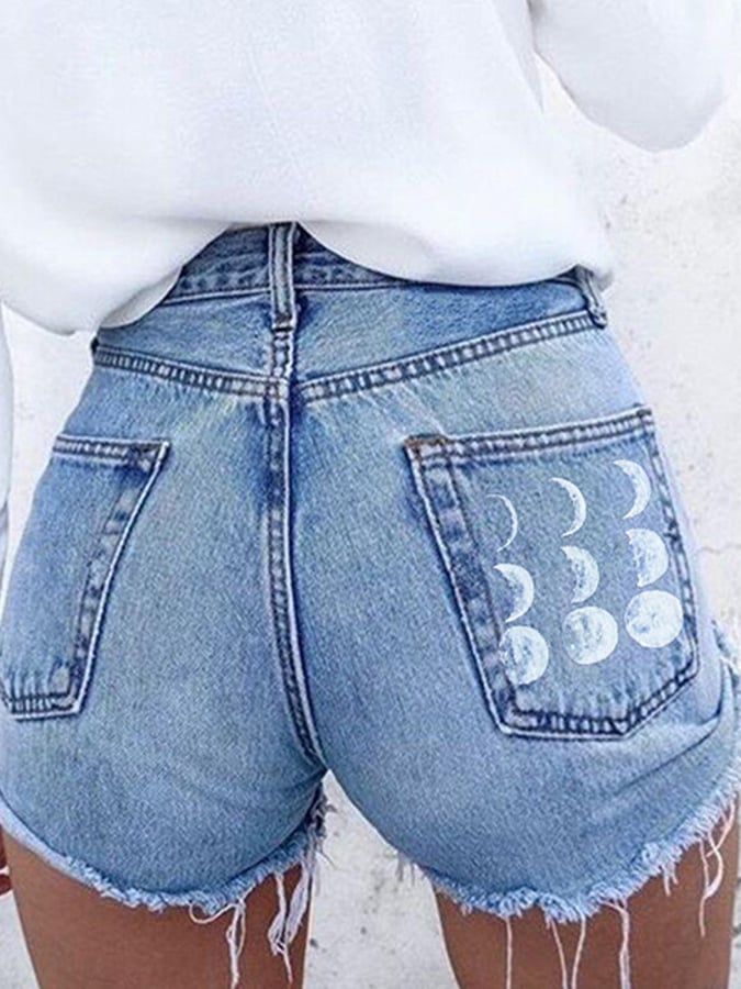 Moon Print Hip Sexy Denim Shorts