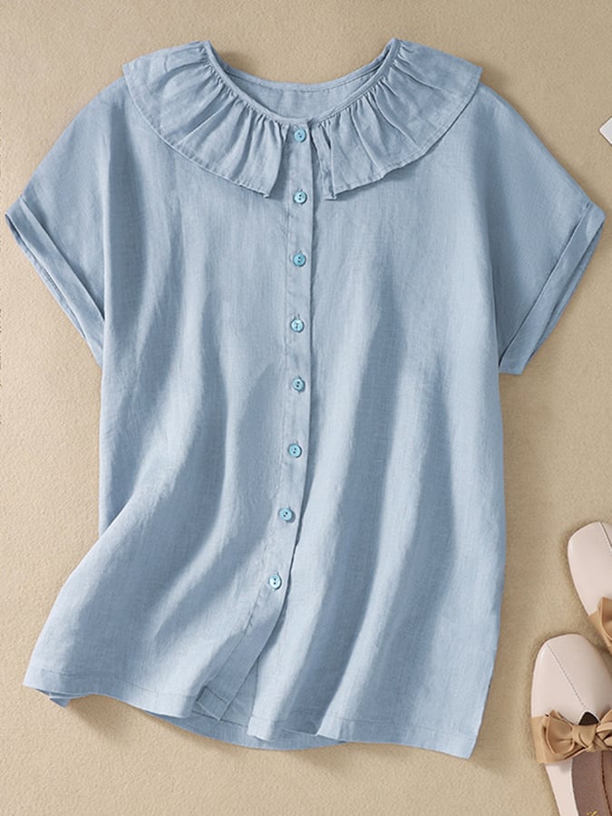 Lovevop Solid Color Ruffle Round Neck Button Casual Top