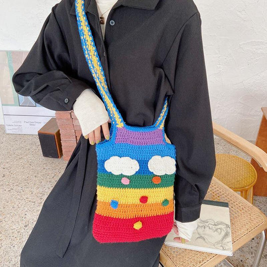 lovevop Women Rainbow Stripe Cartoon Cute Casual Youth Wool Knitted Bag Handbag Tote Crossbody Bag