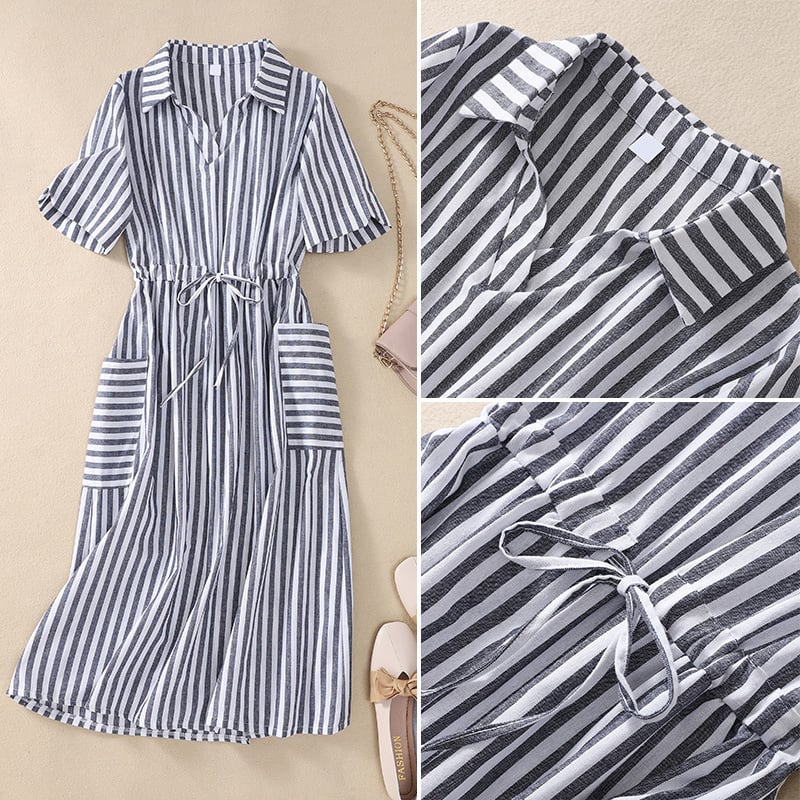 Lovevop Artistic Cotton And Linen Striped Dress