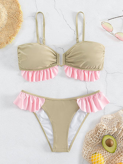 Ruffled Edge Spliced Strap Sexy Split Bikini