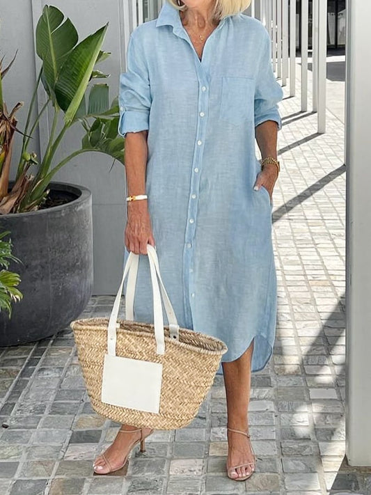 Women's Cotton Linen Casual Resort Shirt Dress