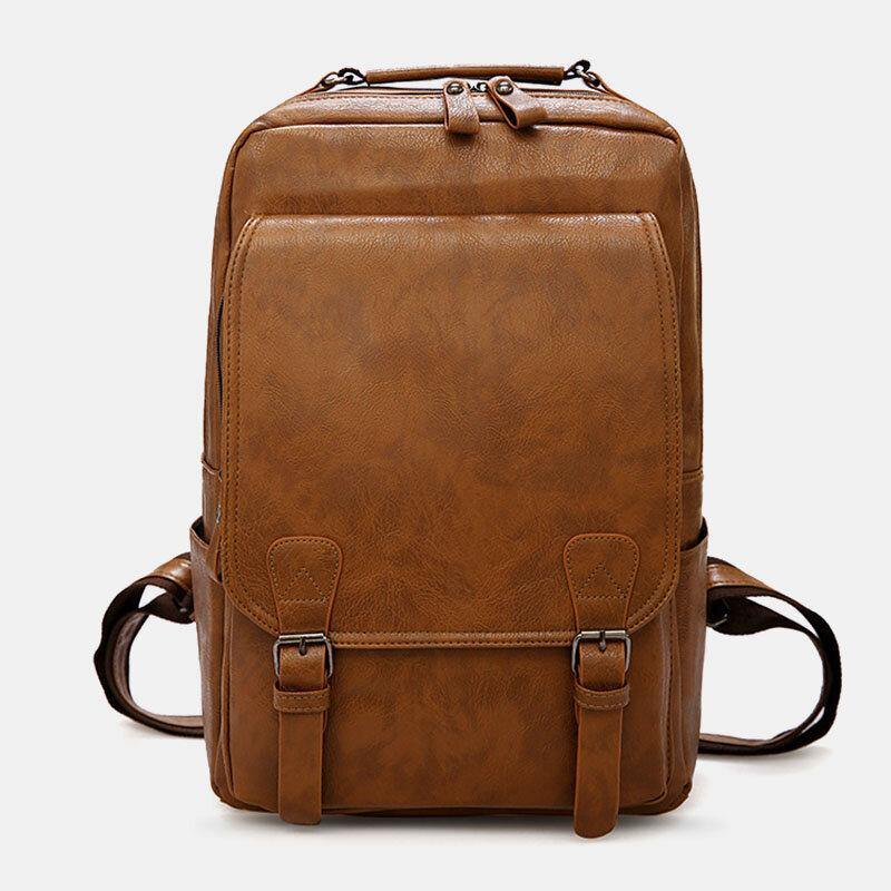 lovevop Men PU Leather Vintage Business Waterproof Wear-Resistant Large Capacity 15.6 Inch Laptop Bag Backpack