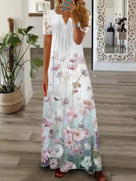 Women Floral Print Lace Splicing Dress