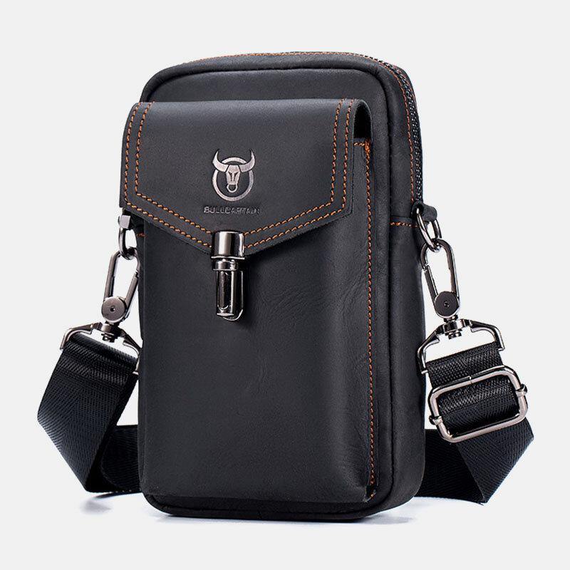 lovevop Men Genuine Leather Large Capacity Vintage 6.5 Inch Phone Bag Waist Bag Shoulder Bag Crossbody Bag