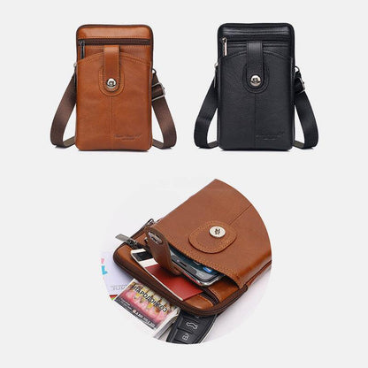 lovevop Men Genuine Leather Vintage Multifunctional 6.5 Inch Zipper Hasp Phone Bag Crossbody Bag Waist Bag