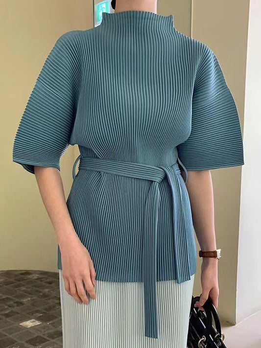 lovevop High-neck Pleated Tie-waisted Chiffon Shirt