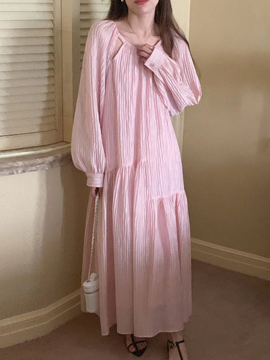 lovevop Sweet Casual Hollow Out Puff Sleeves Long Dress