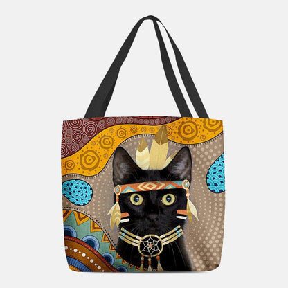 lovevop Women Felt Cute Cartoon Egyptian Dressed Black Cat Pattern Shoulder Bag Handbag Tote