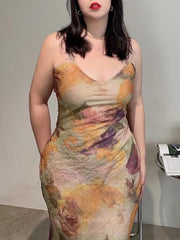 lovevop Vintage Oil Painting Plus Size Sling Dress