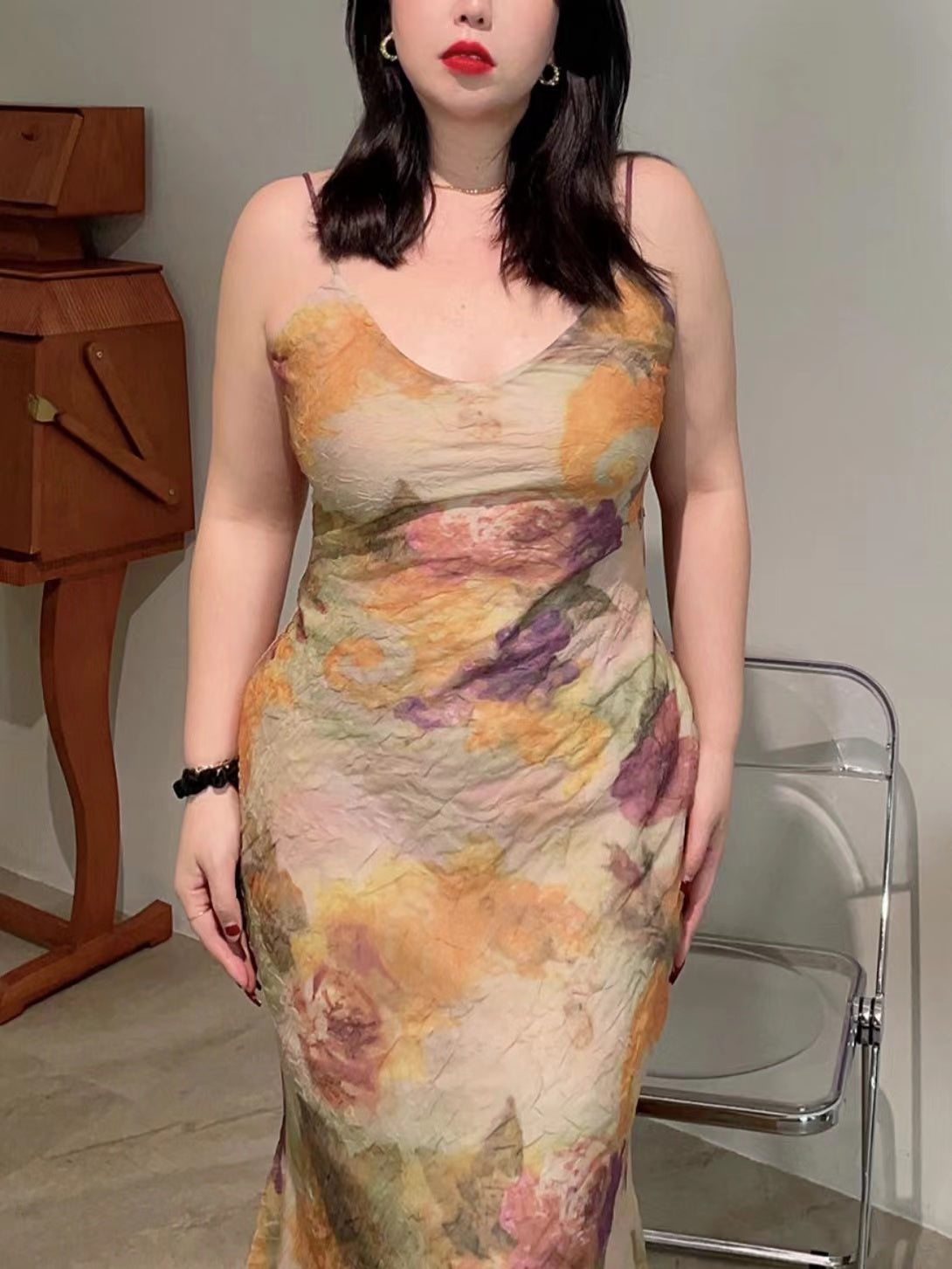 lovevop Vintage Oil Painting Plus Size Sling Dress